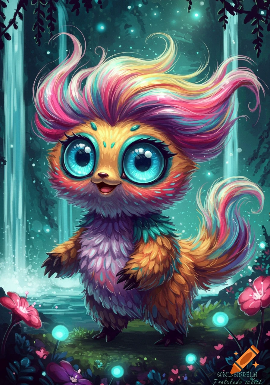 A cute, fluffy creature with large blue eyes and colorful hair stands in a magical forest with waterfalls and glowing plants, digital art.