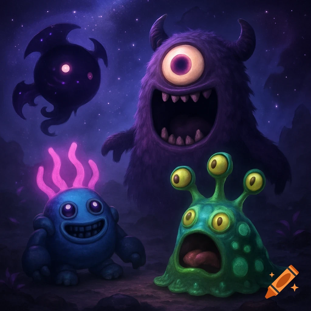 Colorful, stylized monsters including a large purple cyclops and smaller blue and green creatures against a dark, starry, cosmic background.