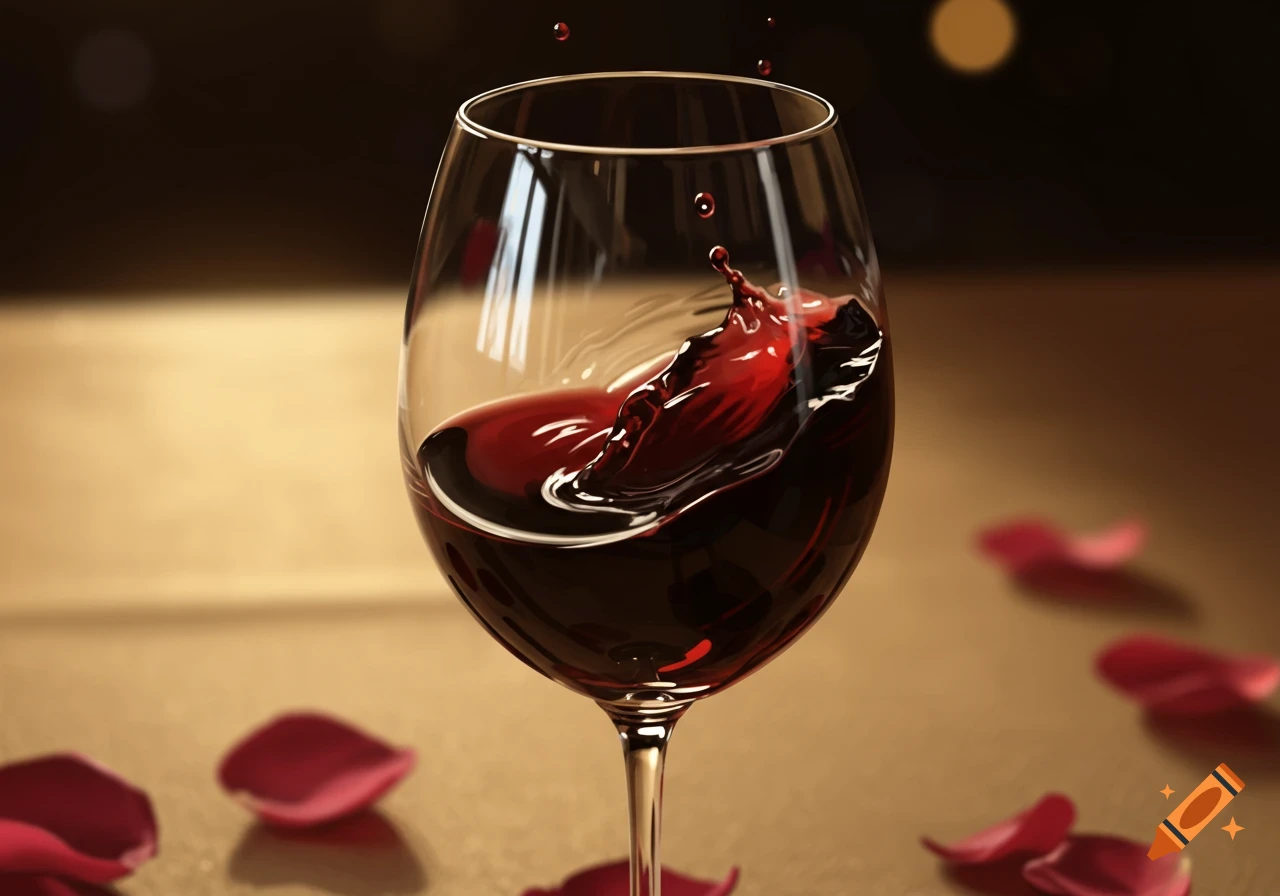 A close-up of a red wine glass with splashing wine, surrounded by rose petals on a golden surface.