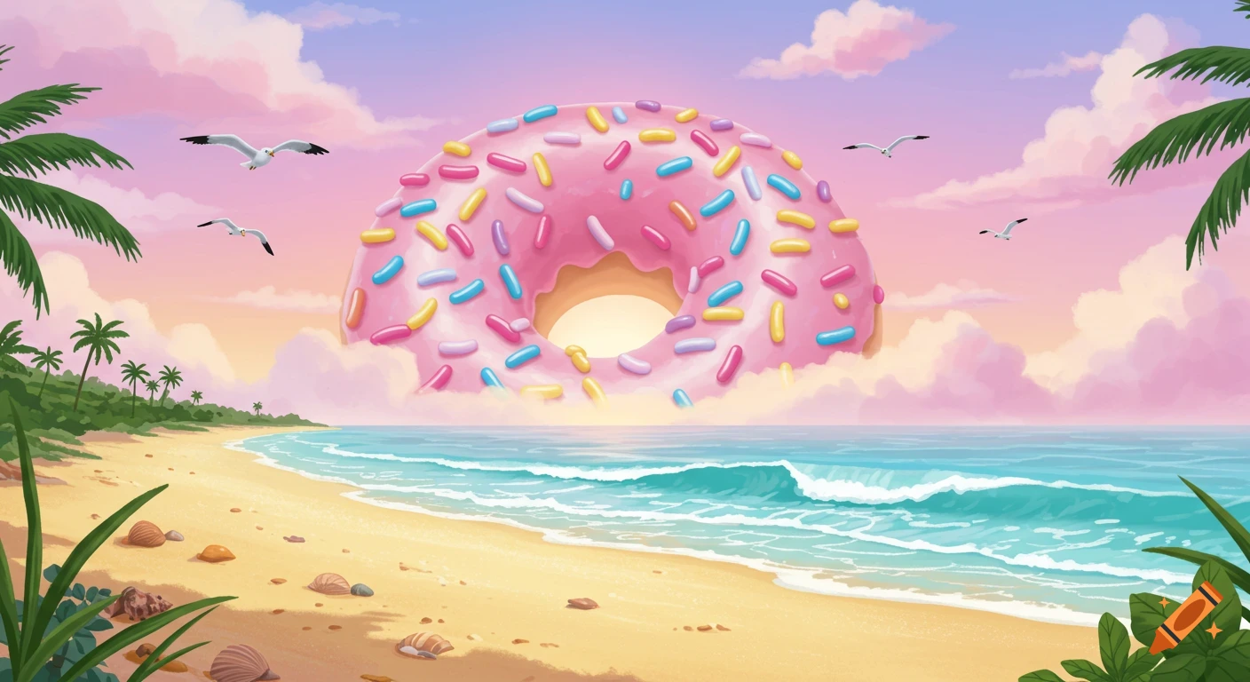 A cartoon giant pink sprinkle donut floats in a pastel sky over a sunny tropical beach with palm trees and ocean.