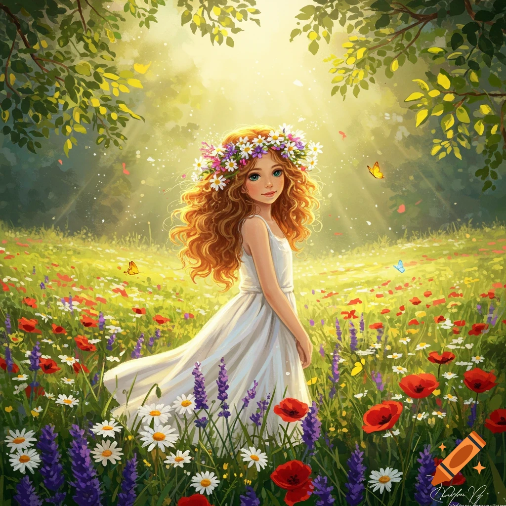 An illustrated girl with a flower crown and red hair stands in a sunny meadow among colorful wildflowers and butterflies.