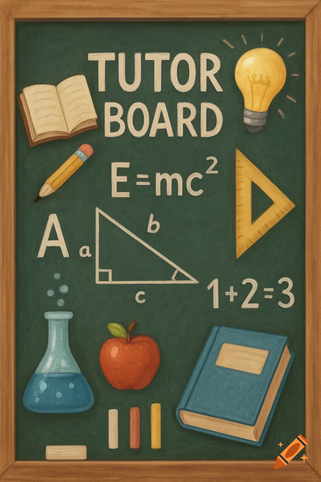 A green chalkboard with a wooden frame, featuring various educational illustrations like a book, lightbulb, mathematical equations, an apple, and the words 'TUTOR BOARD'.