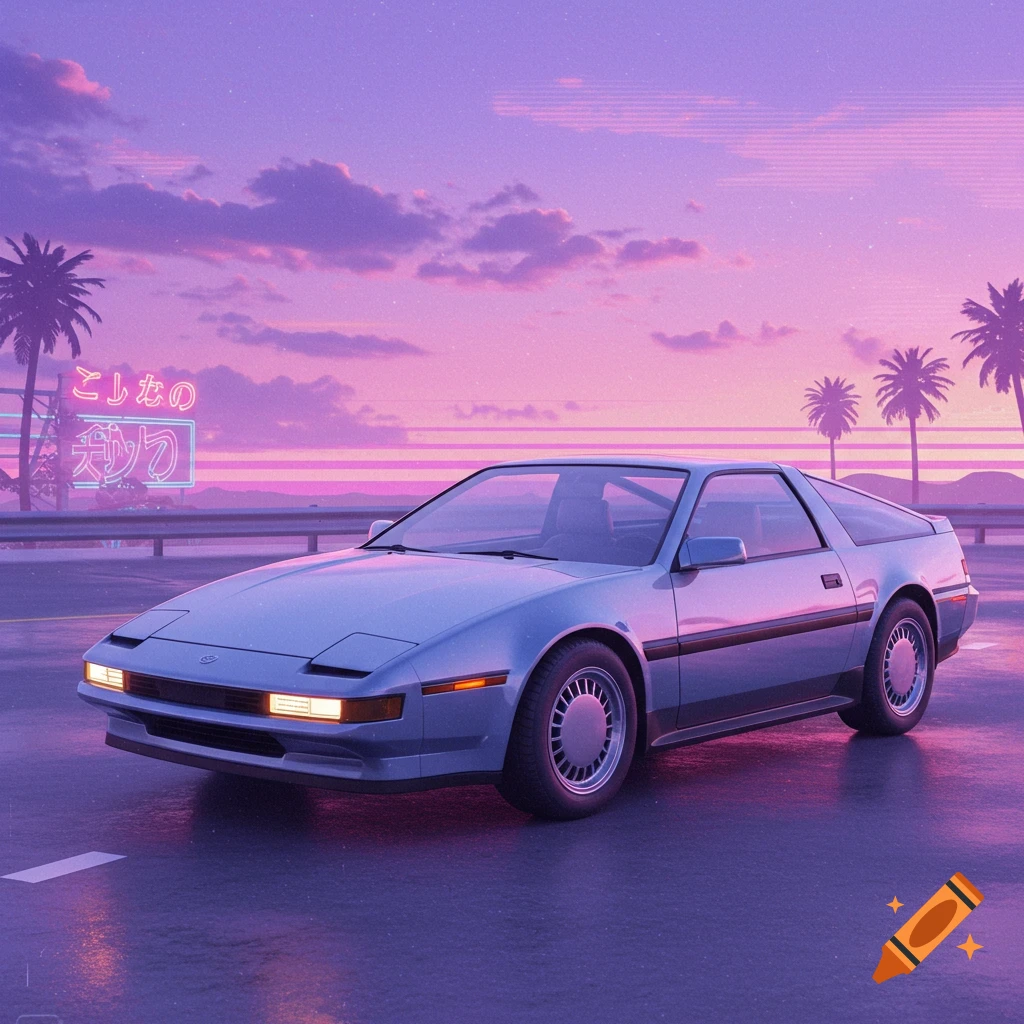 A blue retro-futuristic car on a highway at sunset, with purple and pink skies and palm trees in a vaporwave style.