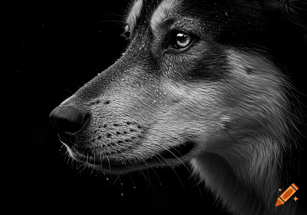 A black and white close-up photorealistic portrait of a dog's face with water droplets.