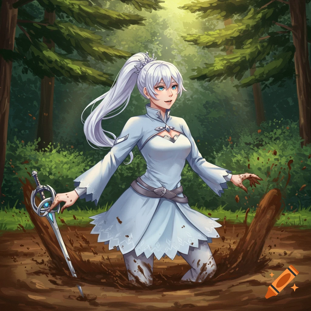 Anime-style illustration of Weiss Schnee, a white-haired girl in a white dress, standing in deep mud in a forest, holding a sword.