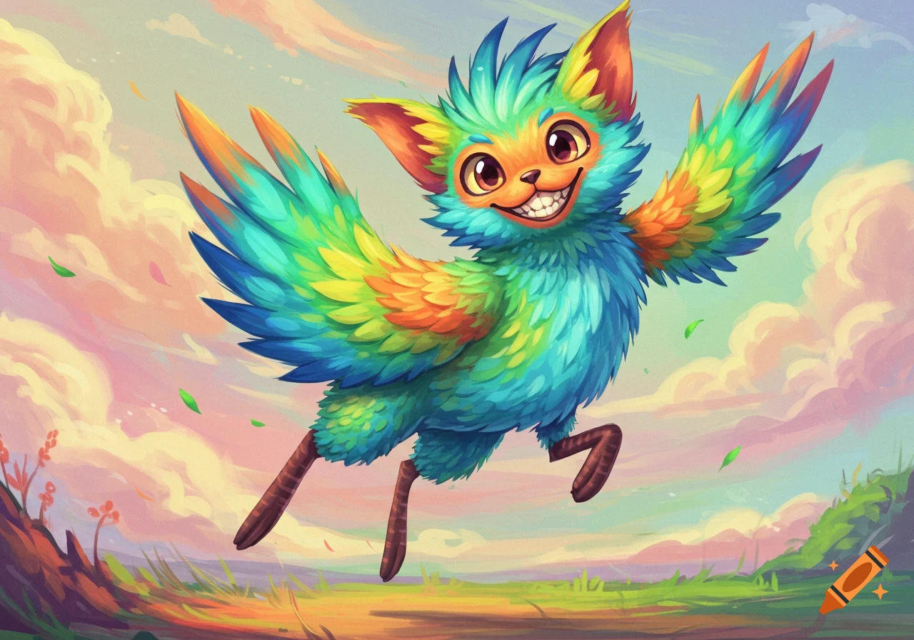 A colorful, winged, feline-like creature with a big smile flies over a vibrant landscape in a cartoonish illustration.