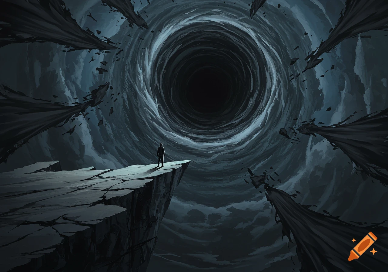 A solitary figure stands on a crumbling cliff edge, looking into a massive, swirling black vortex that dominates a dark, stormy sky, with torn fabric-like elements framing the scene.