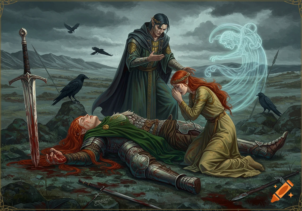 A pre-Raphaelite style painting of a slain red-haired warrior in armor lying on a blood-stained moor, mourned by a kneeling woman and an elf-like man. A ghostly figure floats above the body under a stormy sky.