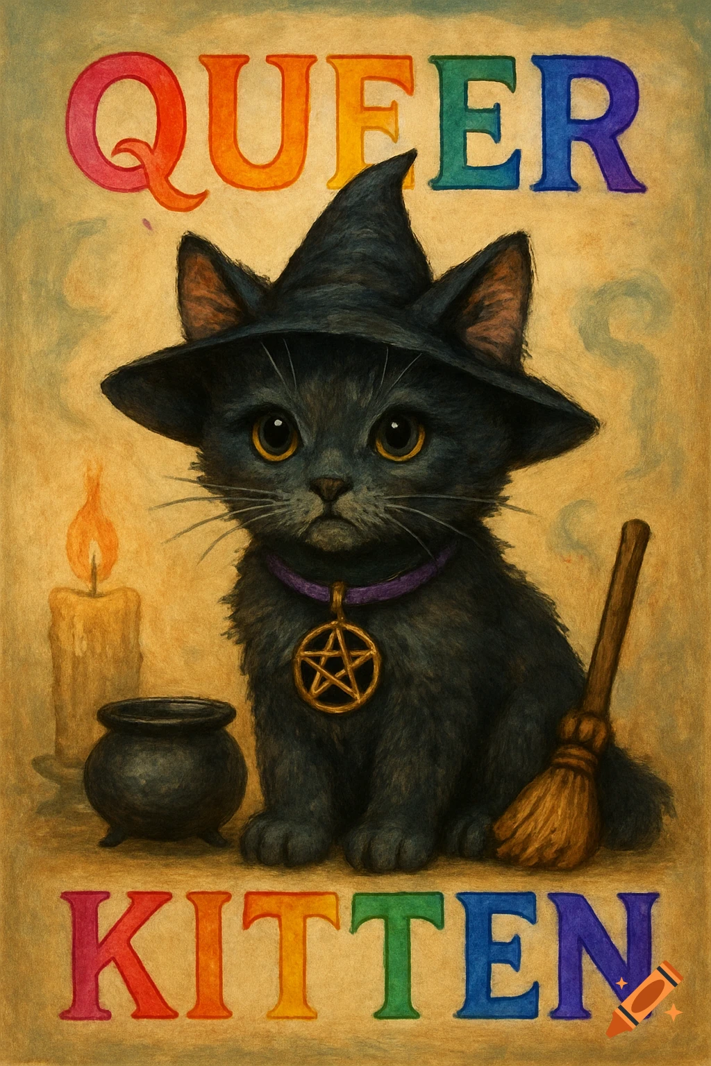 A cute black kitten wearing a witch hat and a pentagram necklace, sitting between a cauldron and a broom. The text 'QUEER KITTEN' is in rainbow colors.