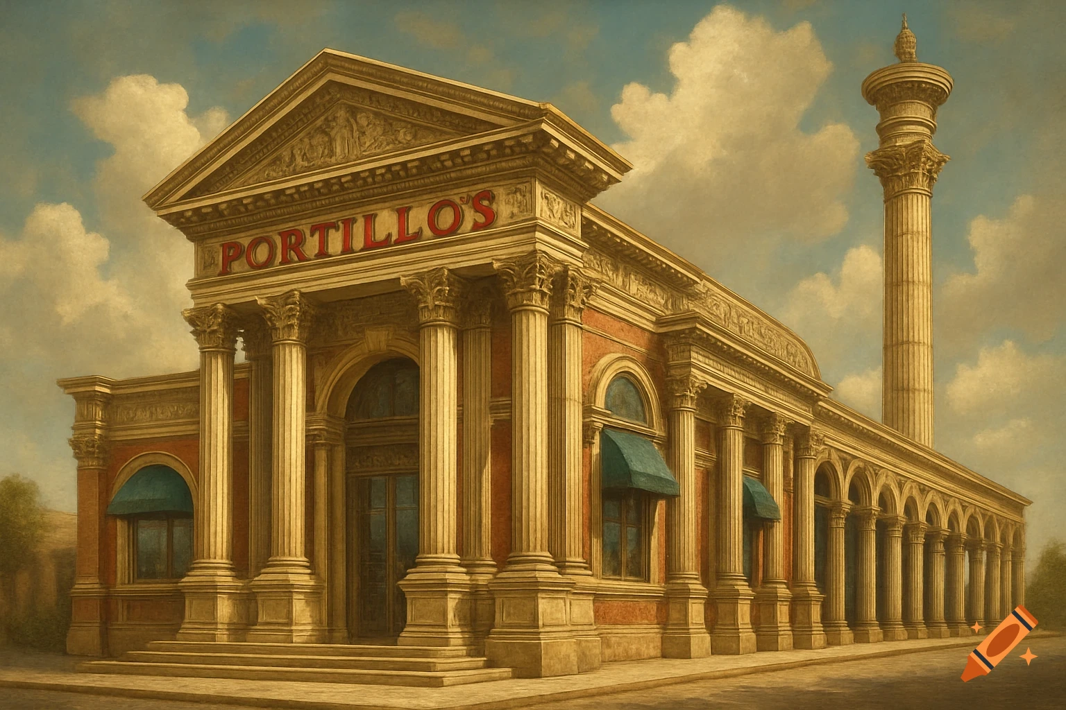 A grand building in classical Roman style with red walls, tall columns, and an archway entrance, featuring the sign 'PORTILLO'S' on its facade, under a cloudy sky.