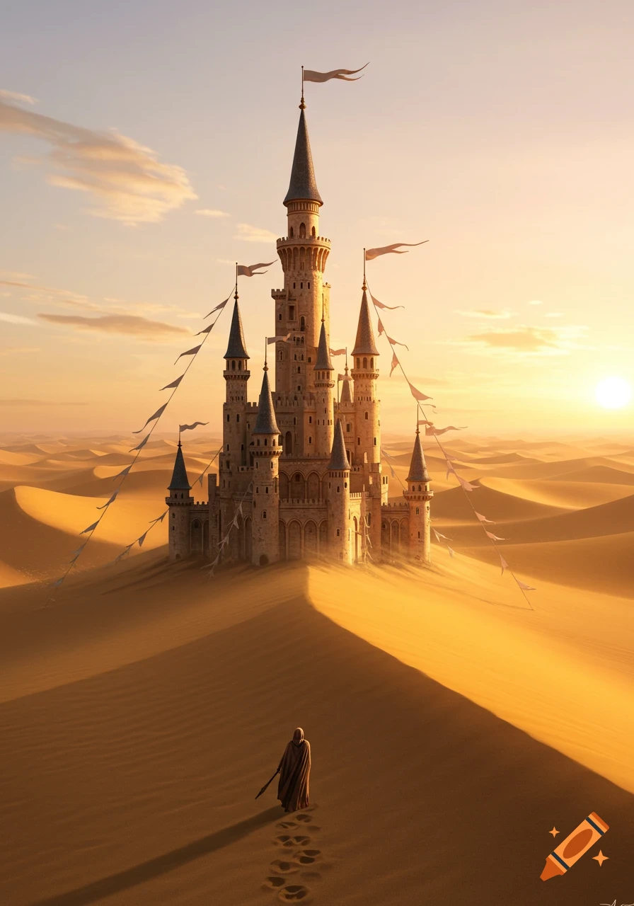 A lone robed figure walks across vast sand dunes towards a towering, ornate castle at sunset.