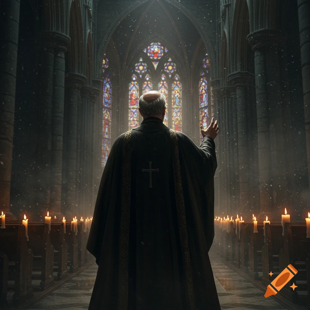 A photorealistic image of a priest in a cassock standing in a dark, atmospheric church with stained glass windows.