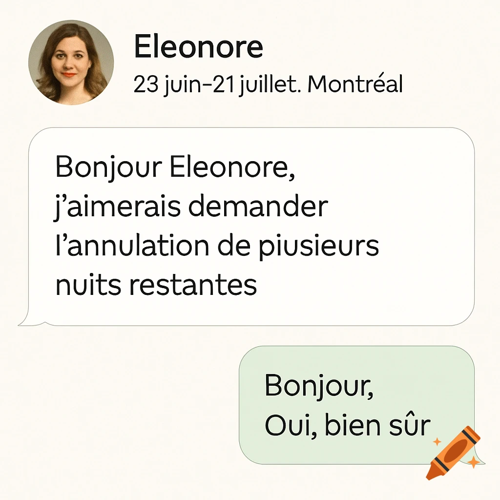 A mobile chat interface displaying a conversation with Eleonore about canceling multiple nights, with a profile picture of a woman.