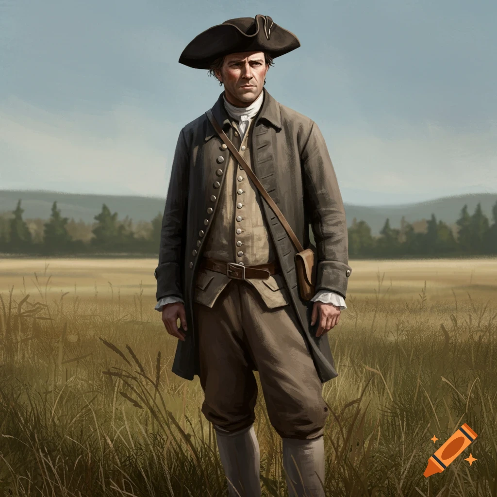 A serious-looking man in a colonial-era tricorn hat and coat stands in a grassy field.
