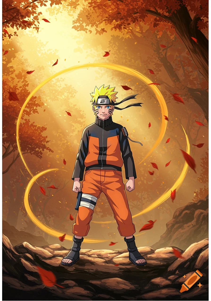 Naruto stands in an autumn forest with falling orange leaves and glowing light. He wears an orange and black outfit with a headband.