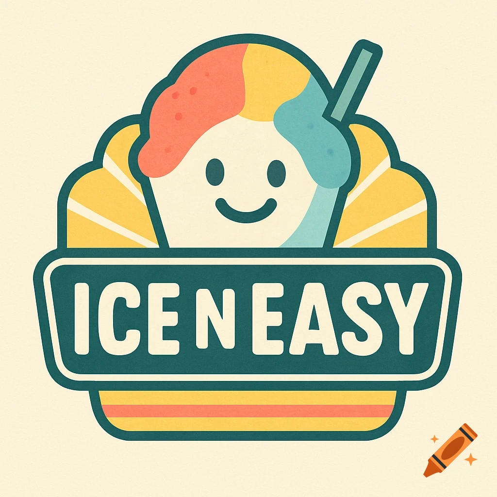 A retro-style logo for ICE N EASY featuring a smiling shaved ice cup with colorful syrup and a spoon.