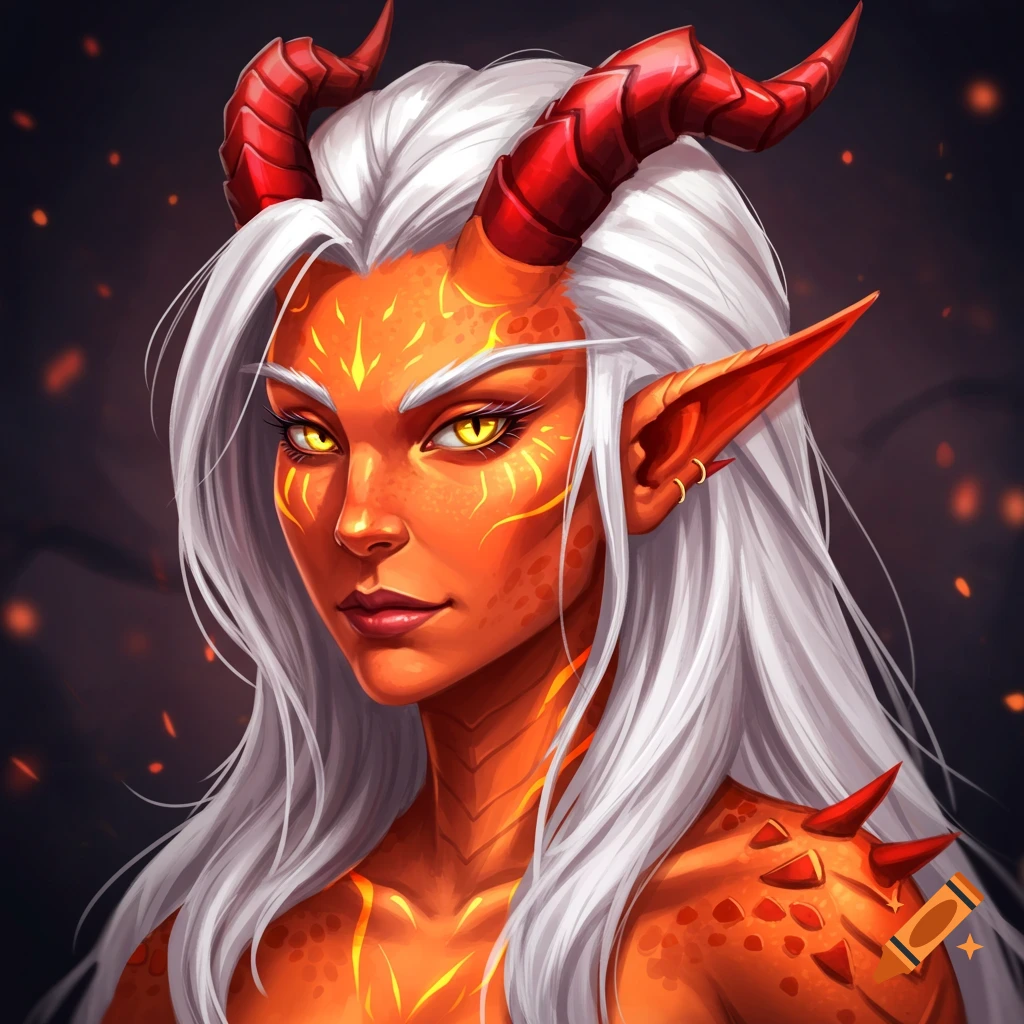 Digital art portrait of a female dragonborn elf hybrid with white hair, red horns, neon orange skin with yellow patterns, red scales, and yellow eyes.