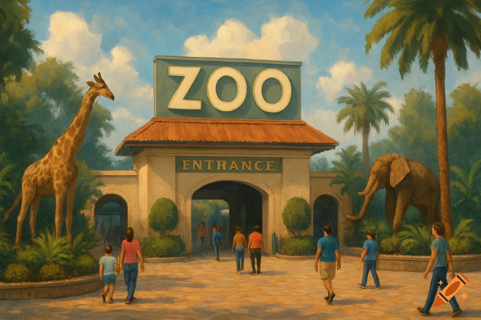 A vibrant painting of a zoo entrance with a large ZOO sign, an elephant, a giraffe, and people walking towards the entrance.