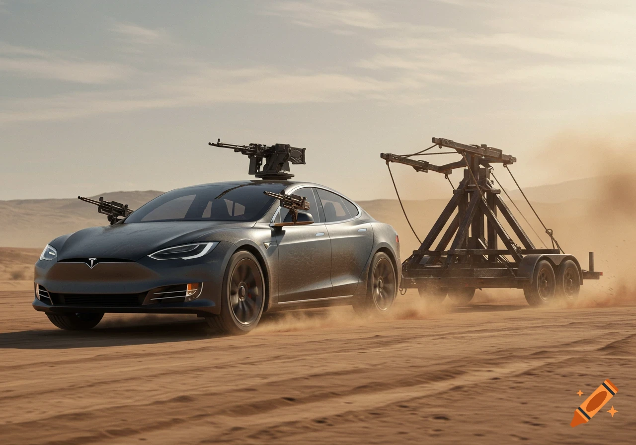 A dark gray Tesla car with machine guns mounted on its roof and mirrors, pulling a large wooden trebuchet on a trailer through a dusty desert.