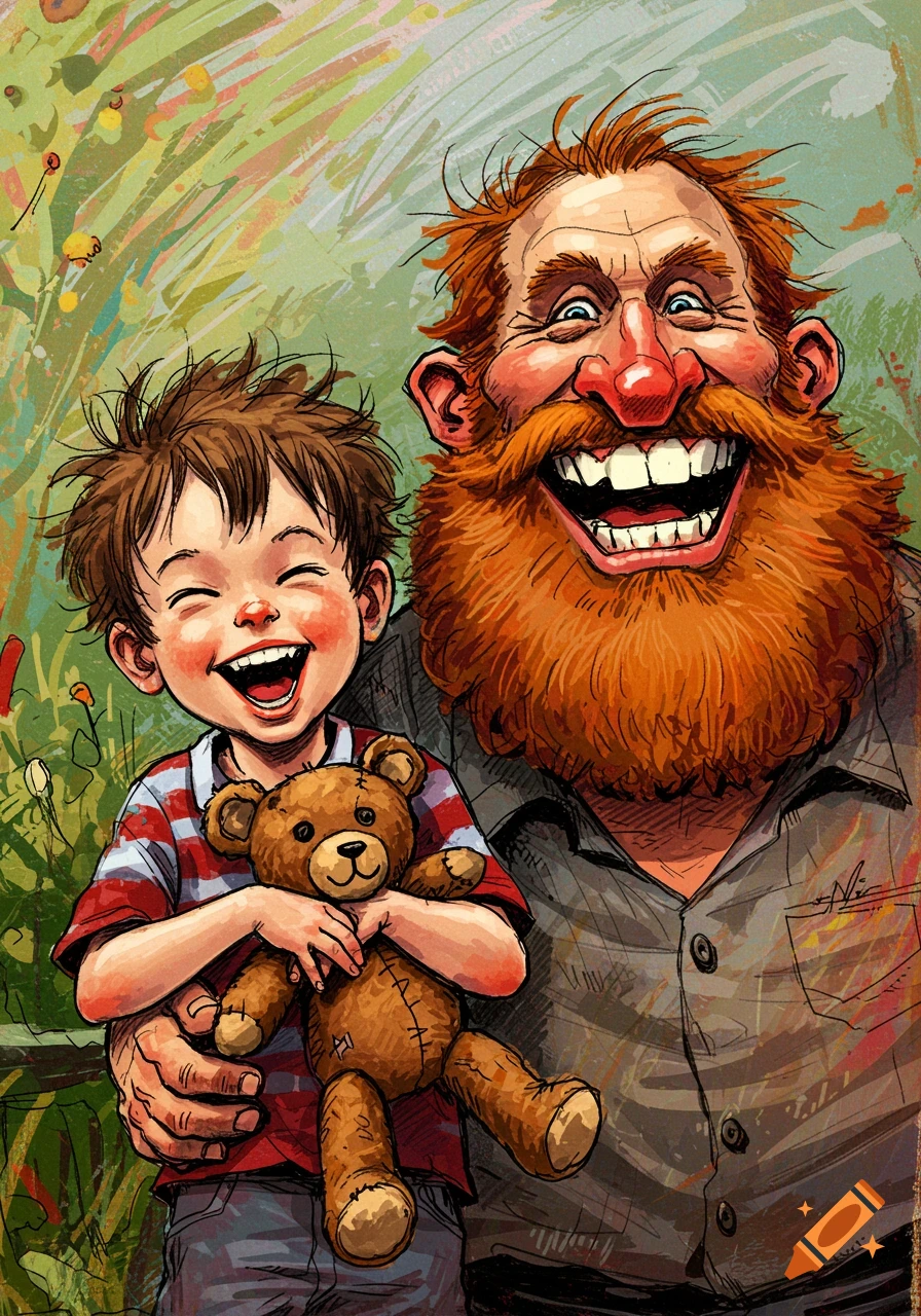 Illustration of a joyful boy holding a teddy bear next to a laughing, red-bearded man in a caricatured style.