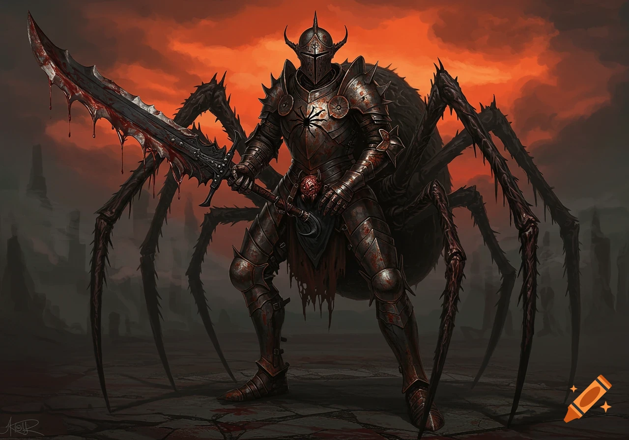 A terrifying spider knight in blood-splattered armor with a spiky, bloody sword against an ominous red sky.