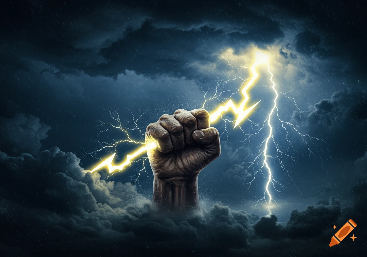 A clenched fist holding a bright yellow lightning bolt against a dark, stormy sky with rain.