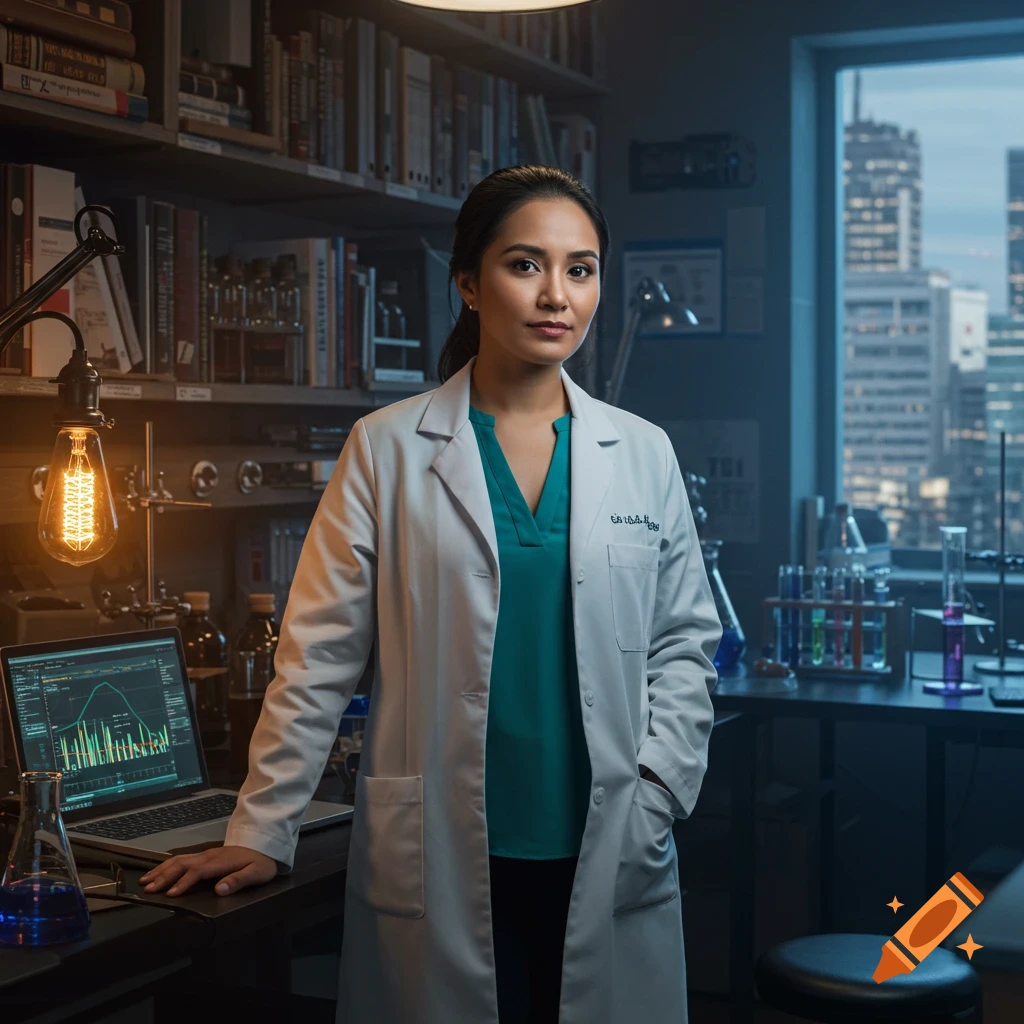 Photorealistic portrait of a Latina scientist in a lab coat standing in a laboratory with a laptop and beakers.