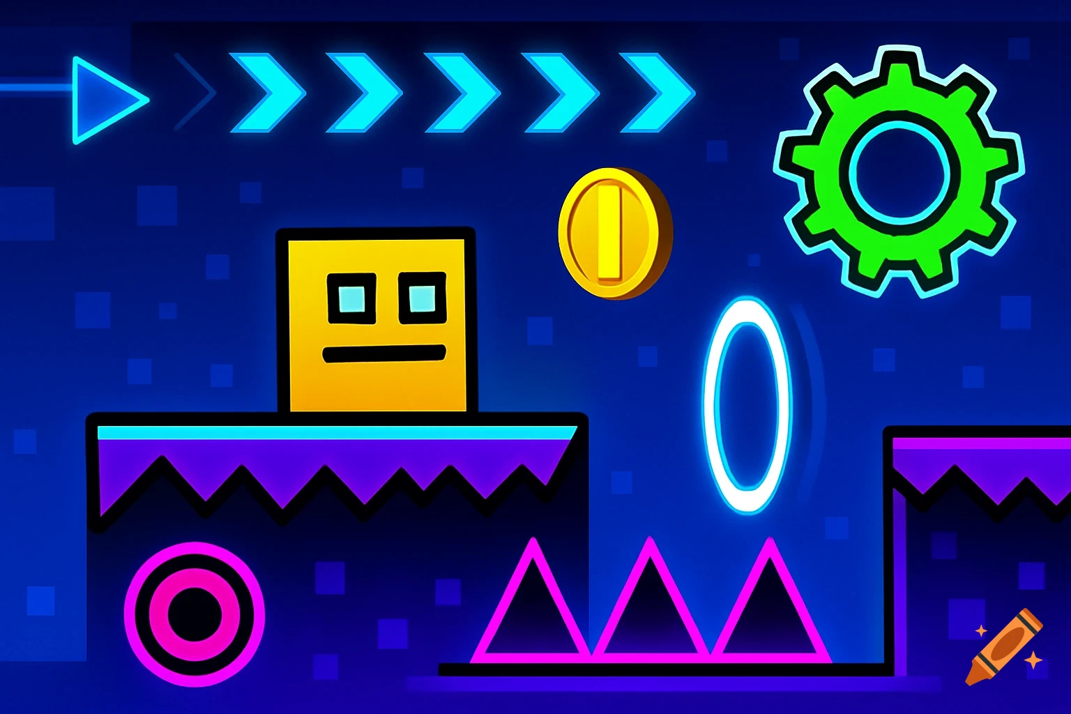 Geometric video game scene with a yellow block character, spikes, glowing rings, a coin, and a gear against a blue background.