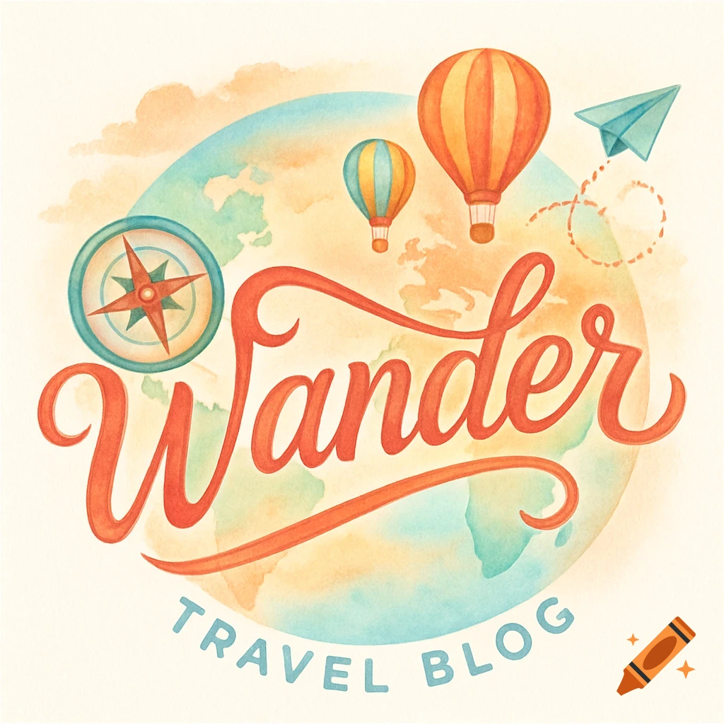 Watercolor travel blog logo with 'Wander TRAVEL BLOG' text, a globe, hot air balloons, a compass, and a paper airplane.