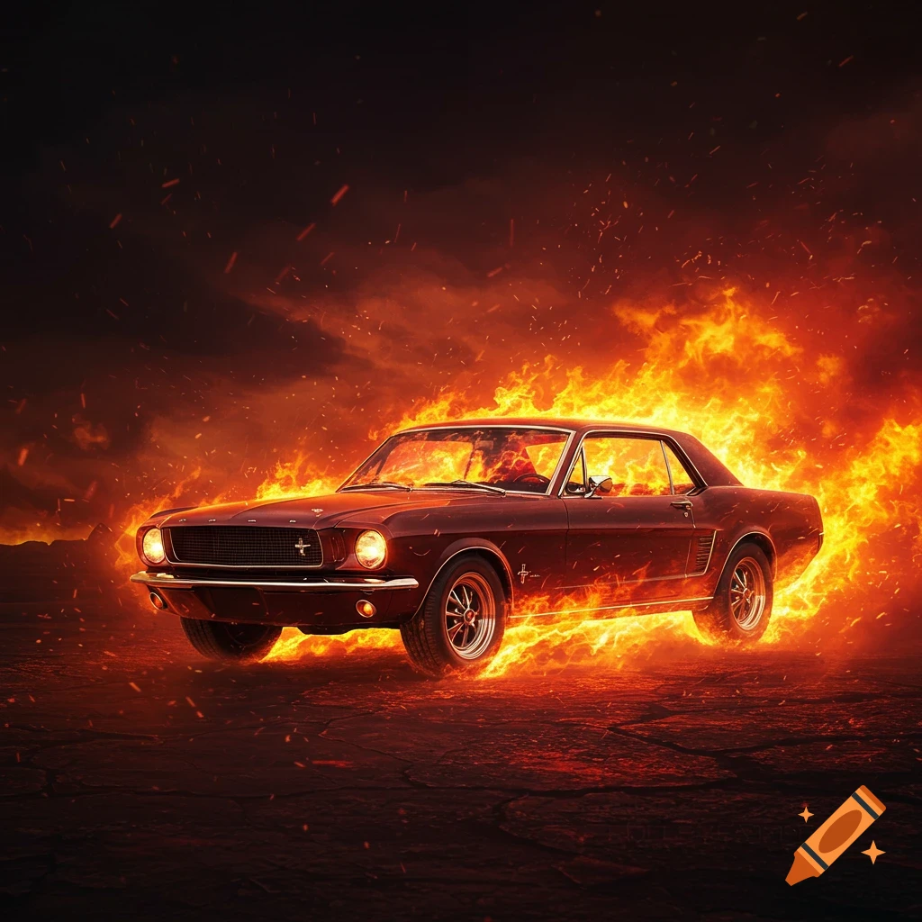 A classic dark red Ford Mustang engulfed in vibrant orange flames, parked on a cracked, dark ground with fiery sparks in the smoky sky.