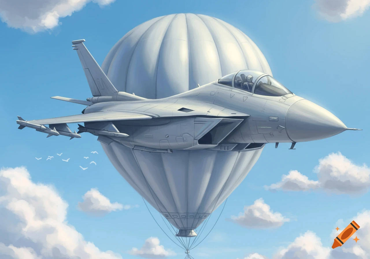 A gray jet fighter aircraft combined with a large white hot air balloon, flying in a blue sky with white clouds.