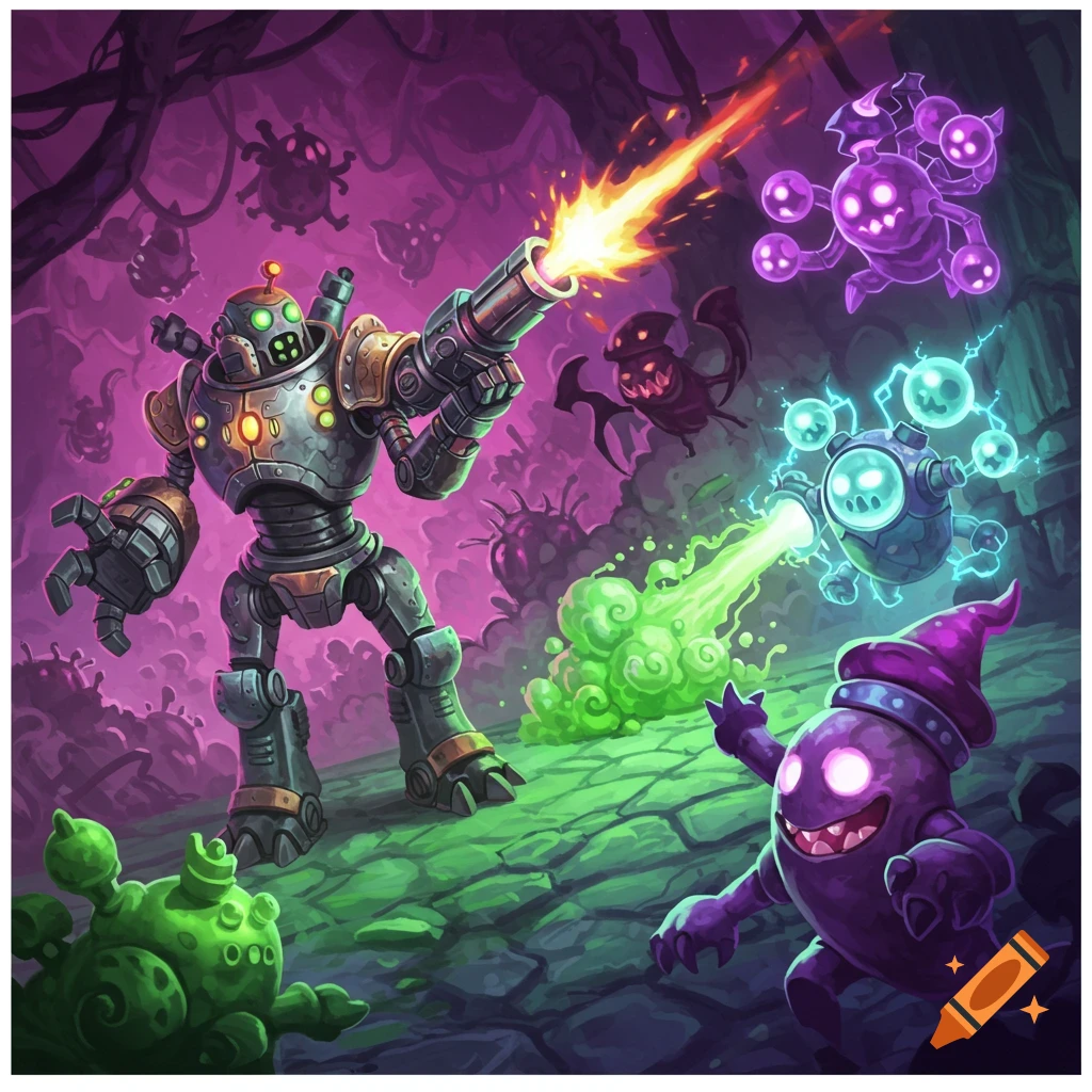 A large grey robot fires an energy blast from its cannon at purple and green cartoon monsters in a vibrant, fantastical setting.