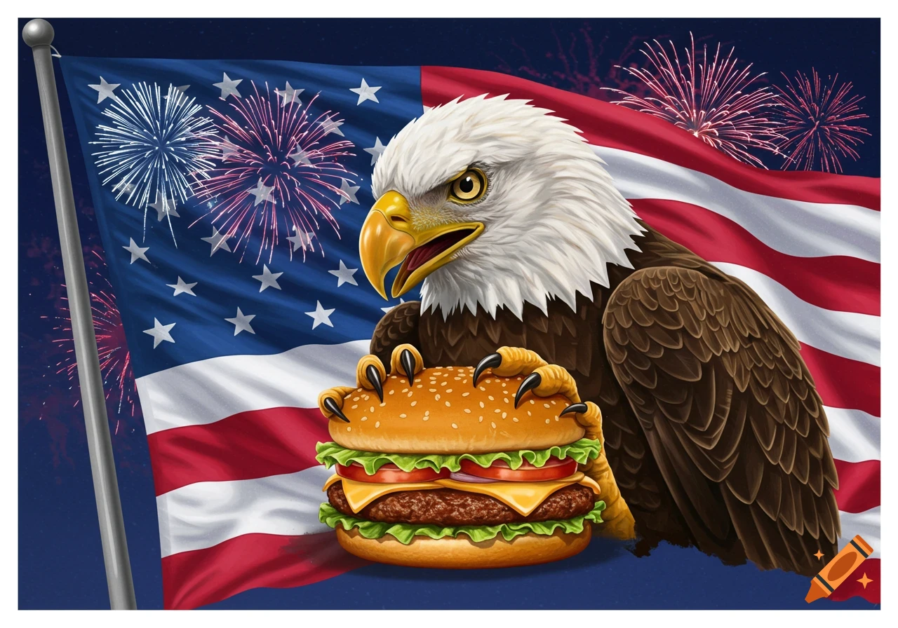 An American bald eagle with an open beak clutches a hamburger with its talons, set against a backdrop of a waving American flag and fireworks in the night sky.