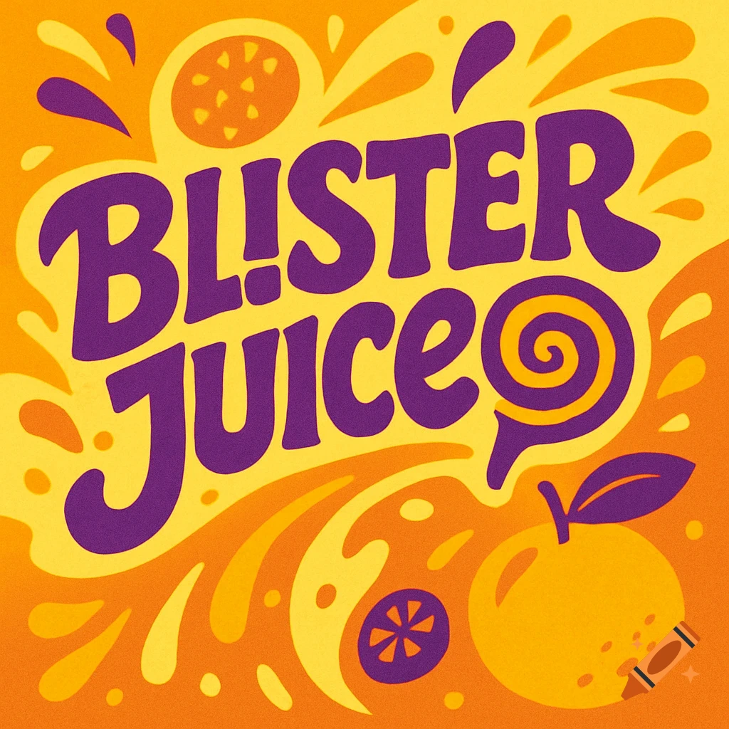 A vibrant orange and yellow logo with purple text that reads 'BLISTER JUICE,' surrounded by fruit slices and juice splashes.