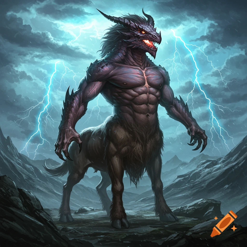 A powerful, muscular fantasy creature with a dragon head, ape-like torso, and goat legs stands in a stormy mountain landscape with lightning.