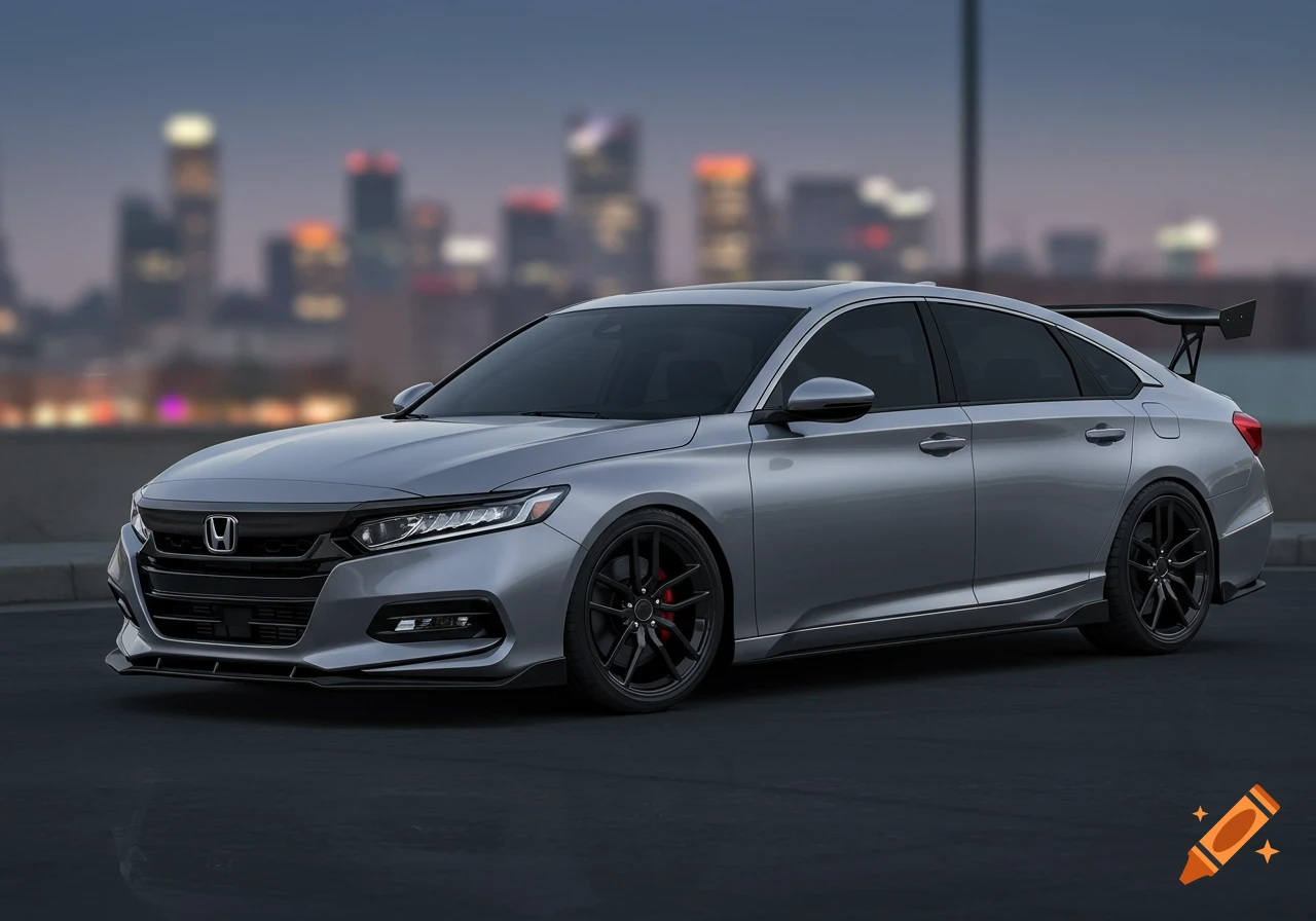 A silver Honda Accord Sport 2.0T sedan with a black spoiler, blacked-out wheels, and tinted windows, parked on an asphalt road with a blurred city skyline at dusk in the background.