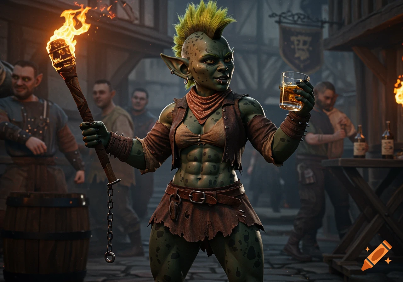 A muscular goblin woman with a yellow-green mohawk holds a flaming torch and a glass of whisky outside a medieval tavern. She has green skin with dark spots and wears a ragged outfit and scarf.