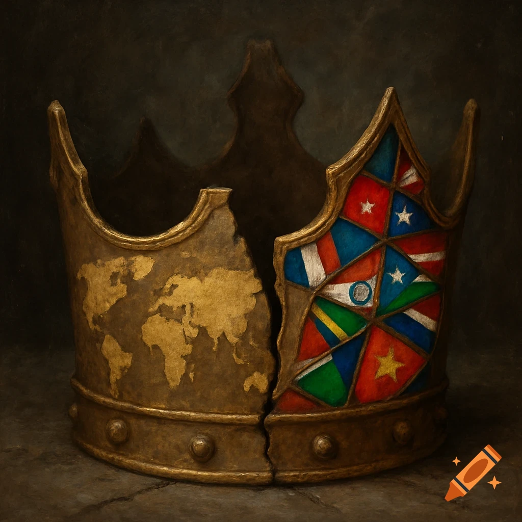 A fractured golden crown, one side showing a world map outline, the other side embedded with colorful flag fragments, in a painterly style.