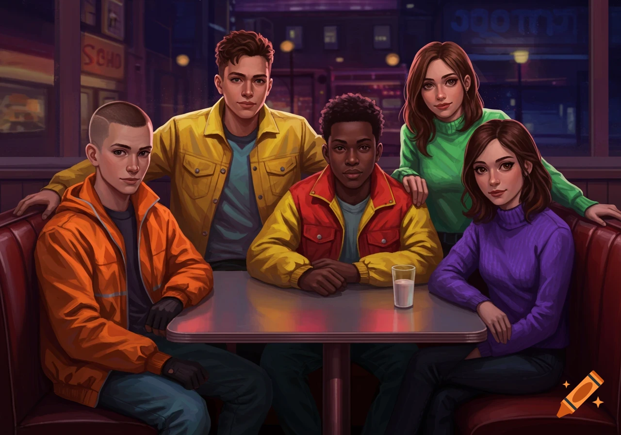Five diverse teenagers, two girls and three boys, sitting together in a diner booth at night, in a colorful digital illustration style.