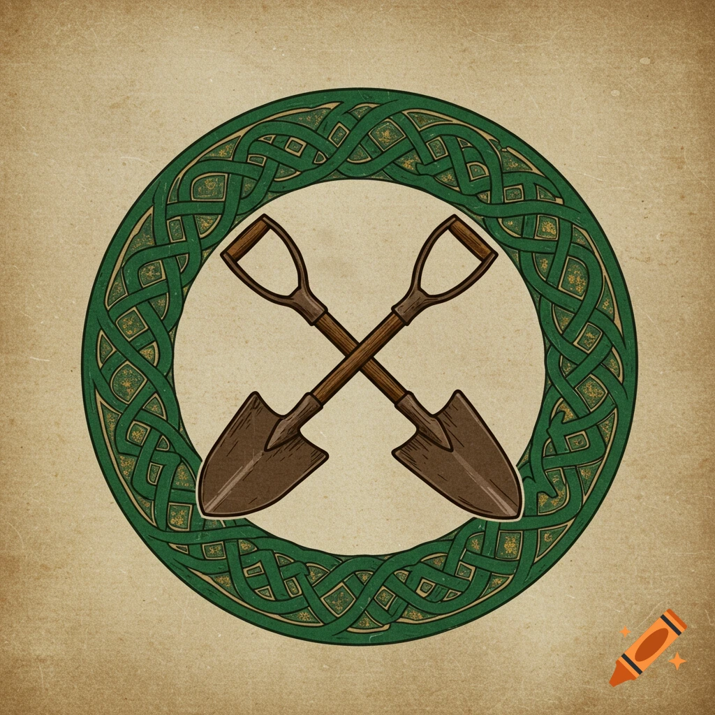 Two crossed shovels within a green Celtic knot circle on a distressed beige background.