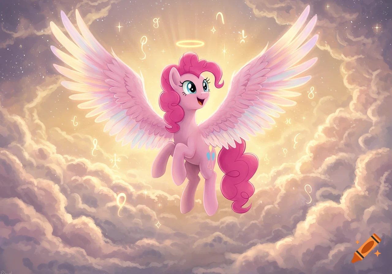 Pinkie Pie from My Little Pony as a winged angel with a halo, flying happily among clouds with a glowing sky background in a cartoon style.