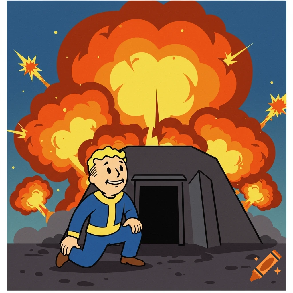 A cartoon Vault Boy from Fallout crouches near a bunker as a large explosion erupts behind him under a blue sky.