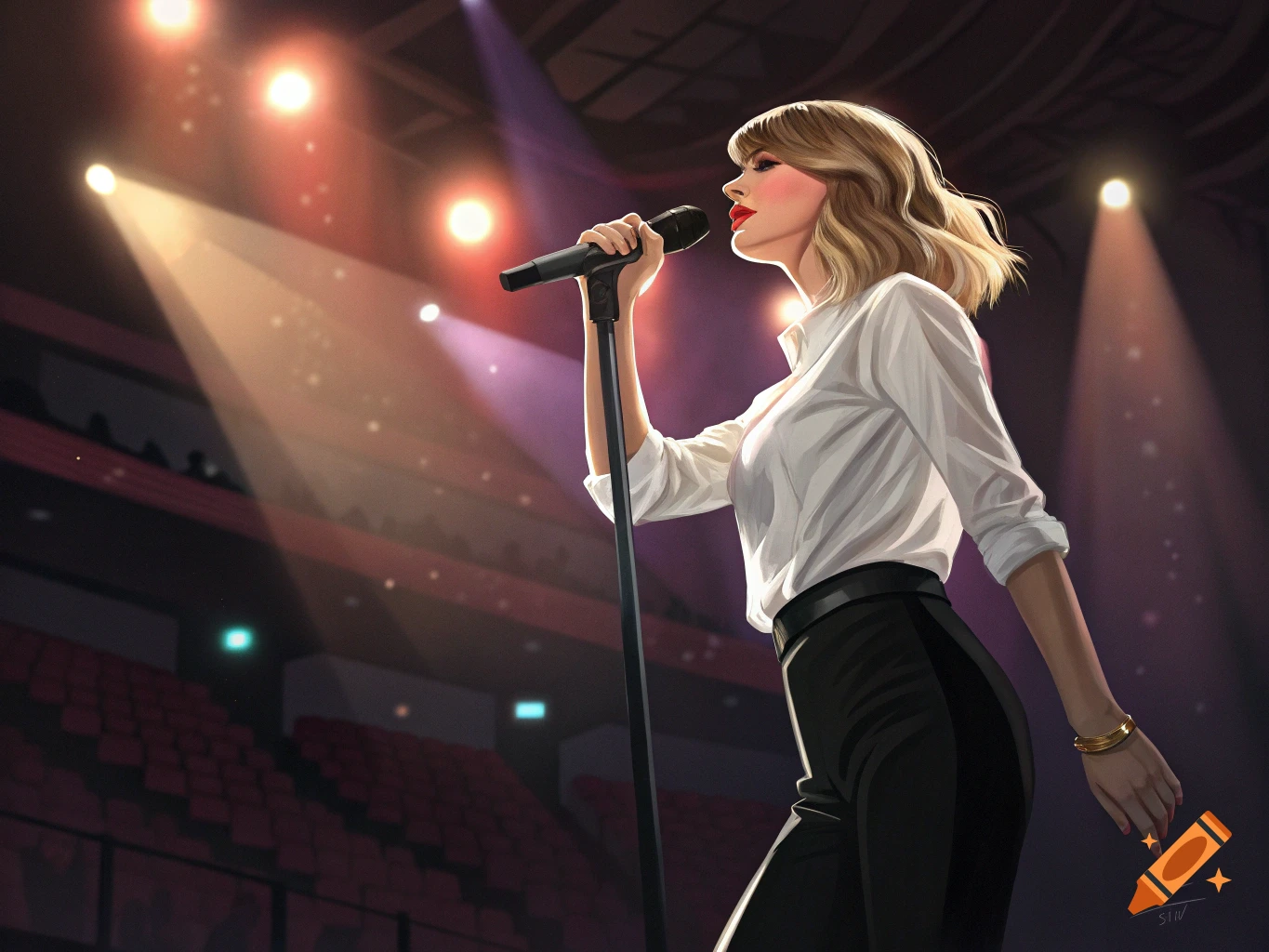 Taylor Swift singing on stage with a microphone in a white shirt and black pants, illuminated by spotlights.