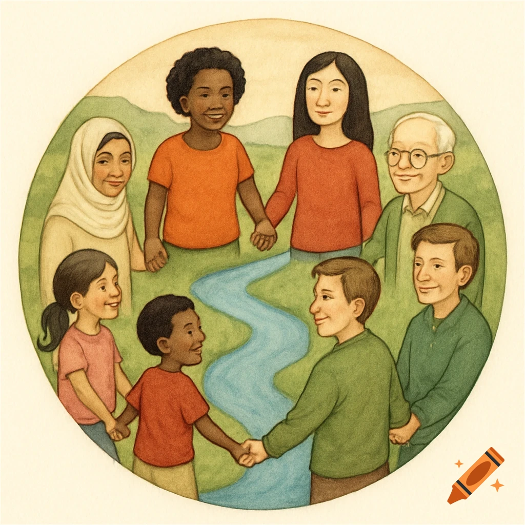 A colorful illustration depicts a diverse group of children, adults, and elderly people holding hands in a circle around a blue river.