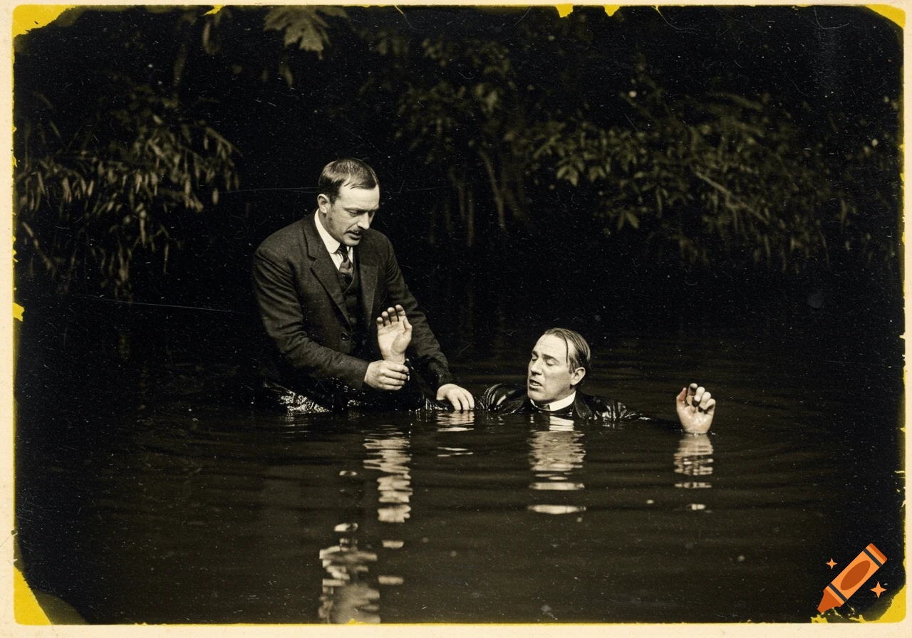 Vintage photograph of two men in dark water, one holding the other's arm, depicting a dramatic scene.
