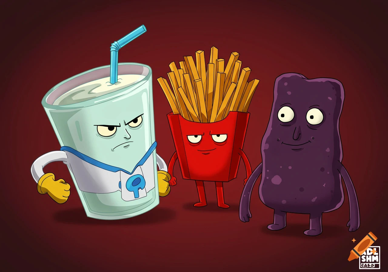 Cartoon characters Master Shake, Frylock, and Meatwad stand together against a red background.