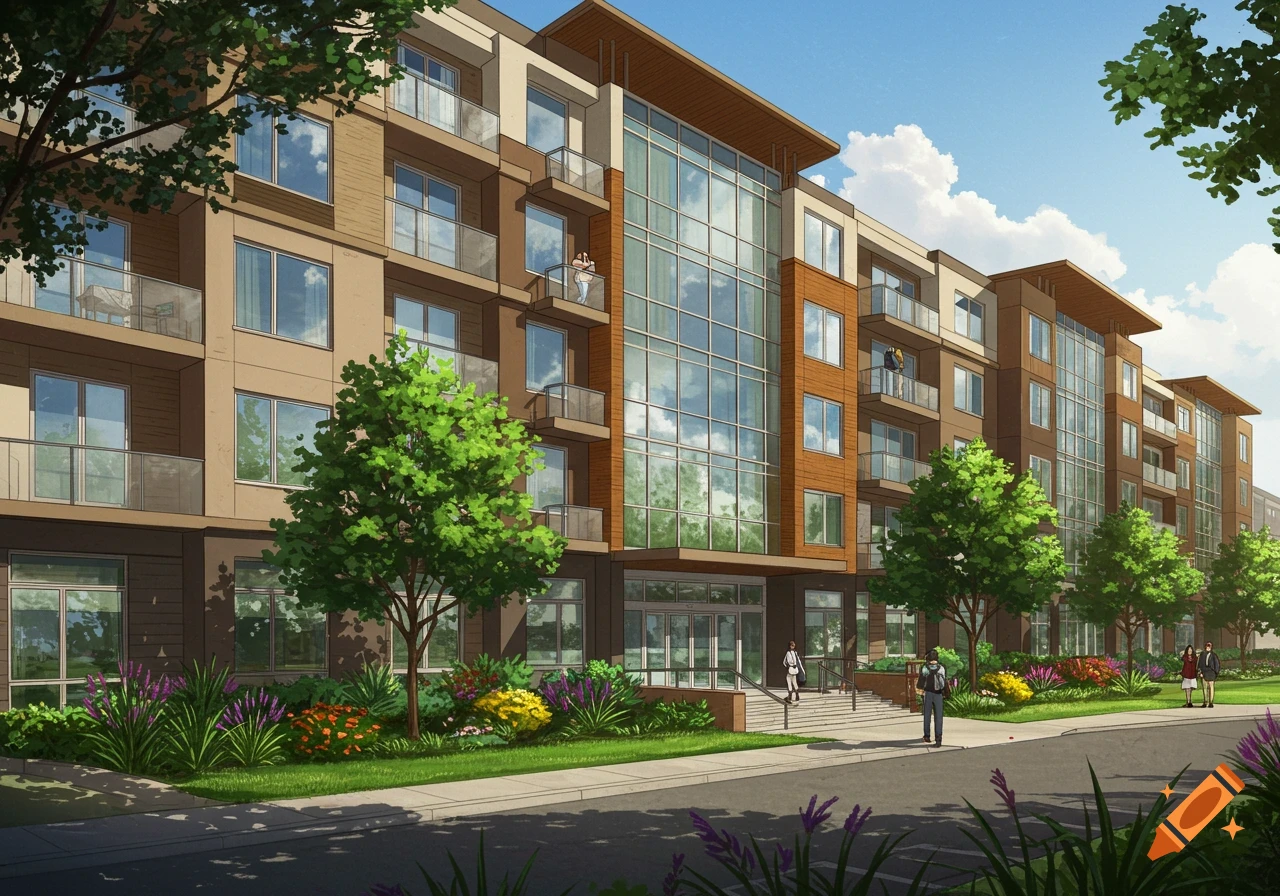 Illustrated modern condominium building with balconies, large windows, and landscaped gardens on a sunny day.
