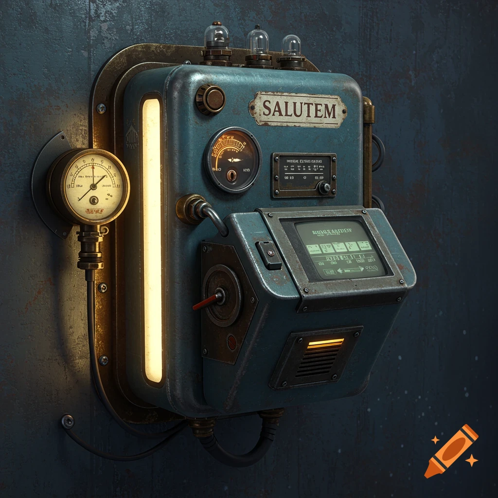 A retro-futuristic, weathered machine with gauges, screens, and a glowing vertical light, mounted on a dark wall.