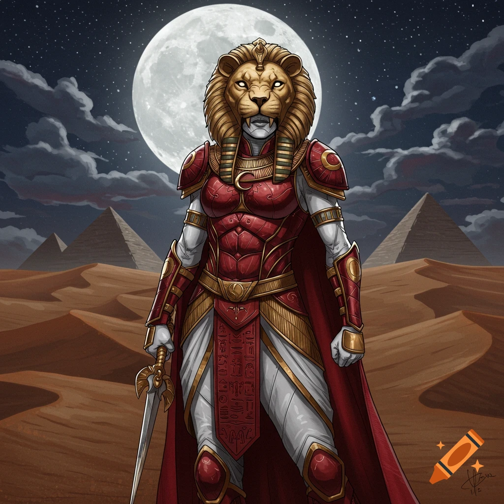 A white female character in red and gold Egyptian-style armor and a lion face mask stands in a desert at night, with pyramids and a full moon.