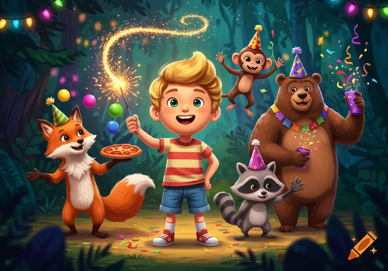 A cheerful cartoon boy holding a sparkler celebrates with animal friends: a fox with pizza, a bear, a monkey, and a raccoon in a whimsical forest with party decorations.